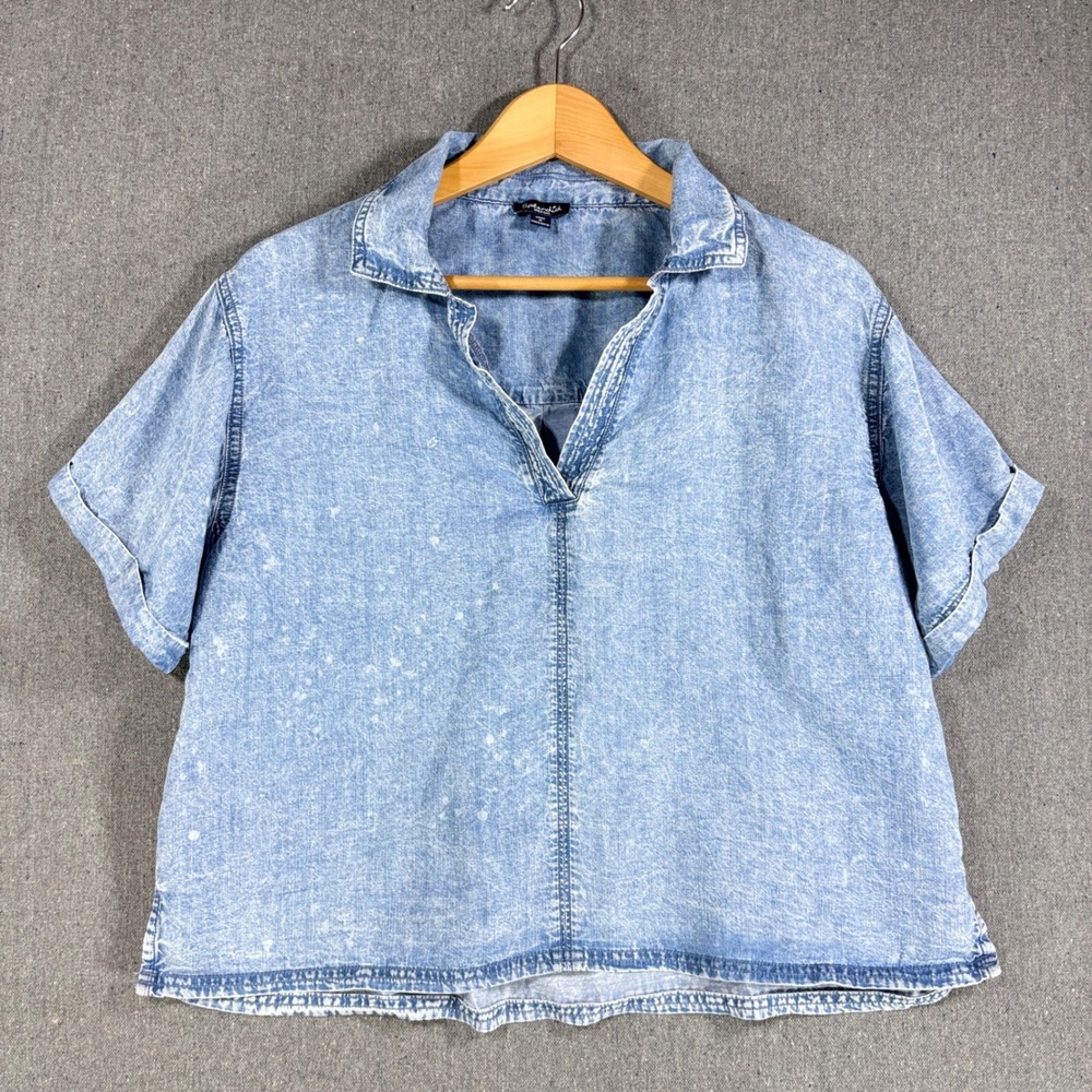 Splendid Chambray Polo Light Wash Boxy Lyocell V-Neck Popover Top Womens Medium